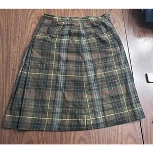 VTG Evan Picone Wool Skirt Sz L? Green Brown Yellow Plaid Pleated Union Made USA